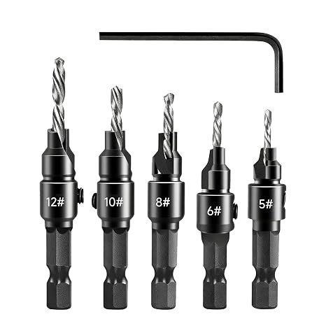 6Pcs Countersink Drill Bit Set, 5Pcs Quick Change 1/4" Hex Shank Adjustable Countersink with 1 Hex Wrench, Woodworking Counter-sink Drill Bits for Drilling Holes in Wood, Composite Panels, Plastics