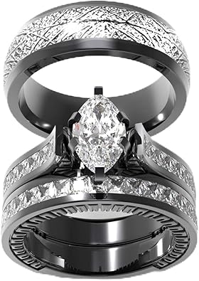 TWO RINGS His Hers Wedding Ring Sets Couples Rings Womens 10k Yellow Gold Filled White CZ Wedding Engagement Ring Bridal Sets & Mens Titanium Wedding Band