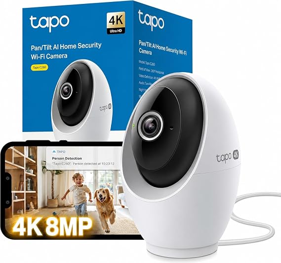 Tapo C260 4K 8MP Überwachungskamera Innen 360° Lokale KI-Erkennung Physischer Privatsphärenmodus 18-Facher Digitalzoom Bewegungsverfolgung Zwei-Wege-Audio MicroSD-Karte Bis zu 512 GB