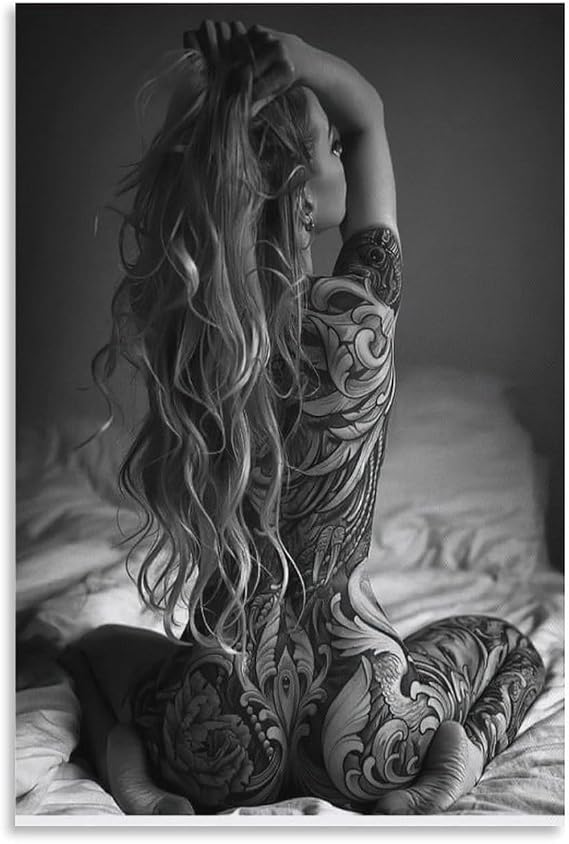 Art Canvas: Sexy Tattoo Girl - Black & White Wall Art, 24x36inch (60x90cm), For Living Room, Bedroom, Office Decor