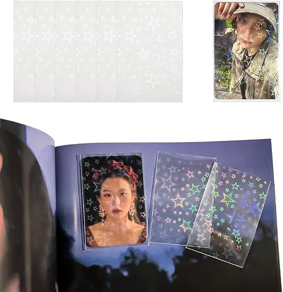 100 Packs Laser Star Photocard Sleeves Kpop 200 Microns Ultra Thick Sleeves Idol Photo Cards Protector Trading Cards Shield Cover (New Star-Shape Laser, Unsealable) | Dustproof, Waterproof, Scratch-Ressistant, Snug Fit for 3 inch Polaroid K-pop Ablum Idol MD Card Photo