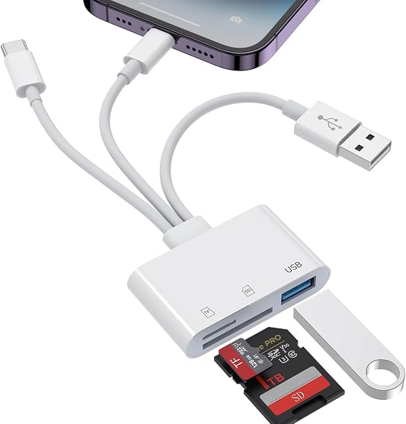 3-in-1 SD Card Reader for iPhone 17 16 15 14 iPad, Memory Card Reader with USB Camera Adapter Plug and Play, SD/Micro SD Card Adapter for Mac Android PC, Trail Game Camera Viewer No App Required