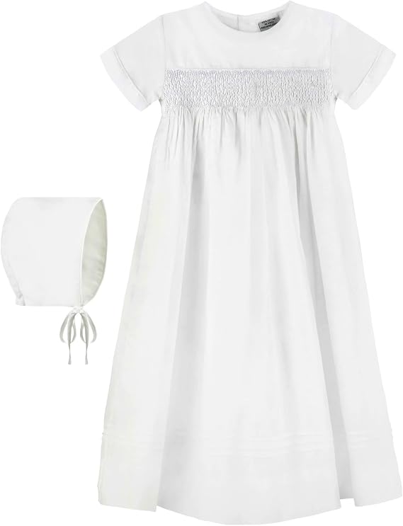 Carriage Boutique White Christening Gown Hand Smocked Yoke w/Cross Detail