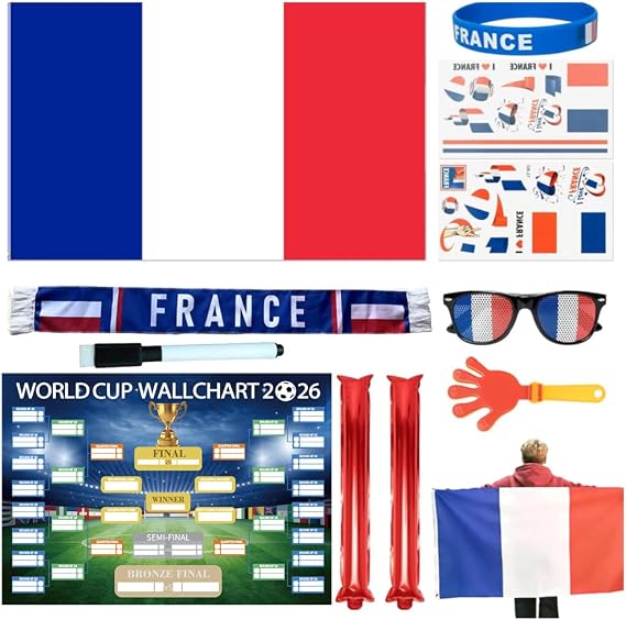 11Pcs World Cup 2026 Soccer Fan Support Kit, World Cup Merch for Fans Accessories, Flag, Scarf, Glasses, Cheering Sticks, Bracelet, Clapper & Schedule Poster, Fan Gear for Match Day & Parties (D)