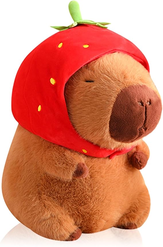 Capybara Plush Wearing Strawberry Hat,Capybara Plush Toy, Capybara Birthday Decorations, Capybara Stuffed Animal,Cute Capybara Plush Toy for Girls and Boys
