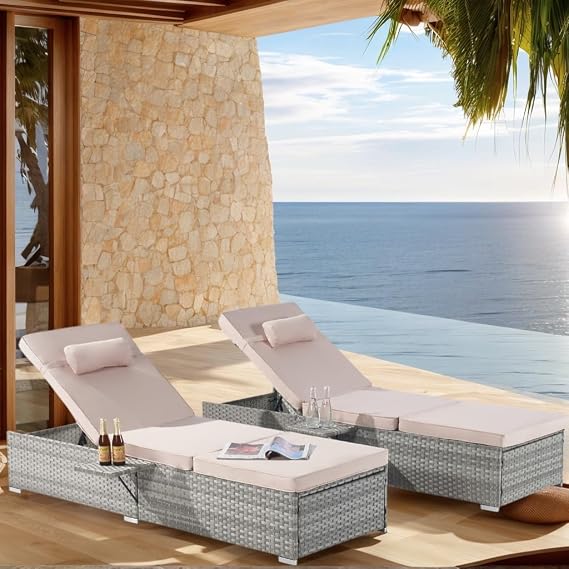 Outdoor Chaise Lounge Set of 2, Adjustable Patio Chaise Lounge with Cushions - 5-Position PE Rattan Pool Lounge Chairs, All-Weather & Lightweight (Beige)