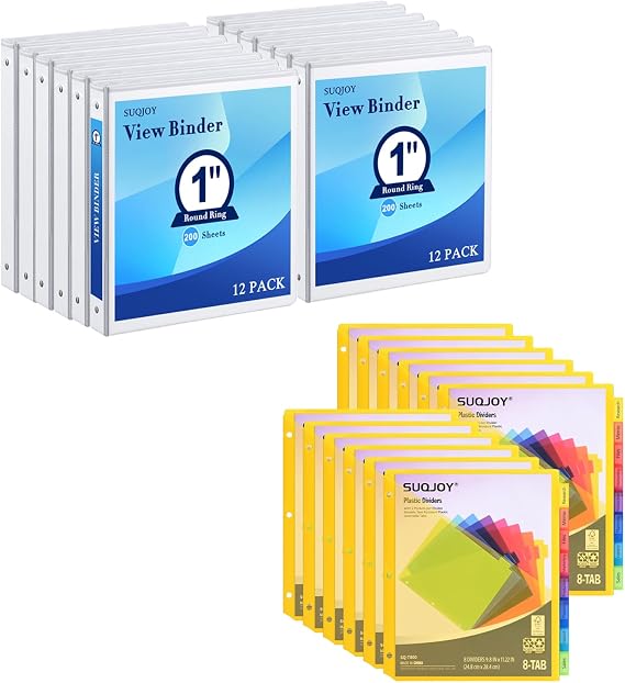 1 Inch 3-Ring Binder, 1 Round Ring Binder 12 Pack+ 8-Tab Plastic Dividers 12 Pack