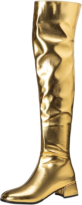 YIYA Women's Metallic Thigh High Boots Square Toe Chunky Block Flat Low Heels Fashion Side Zipper Over The Knee High Boots