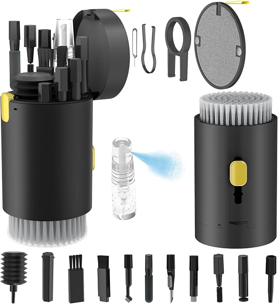 Tounee Keyboard Cleaner Kit, Electronics Cleaning Kit with Retractable Big Brush, Portable, 20 in 1 Multi-Tool Kit for Phones, Tablet, Computer, PC Monitor,TV Camera Lens with 2.5ml Mist Spray (Black)