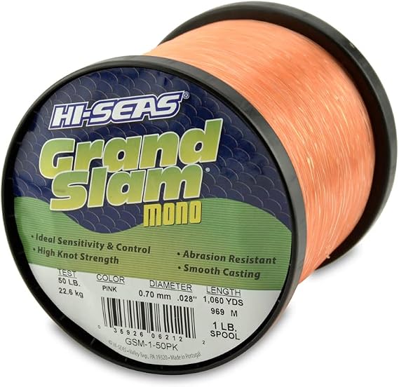 HI-SEAS Grand Slam Monofilament Fishing Line - Strong & Abrasion Resistant in Clear, Pink, Green, Smoke Blue, Fluorescent Yellow Freshwater & Saltwater - 1 lb Spool