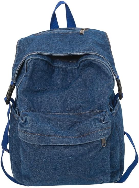 Classic Retro Denim Backpack Y2K Aesthetic Shoulder Bag Lightweight Daypack Casual Jeans Backpack for College, Blue
