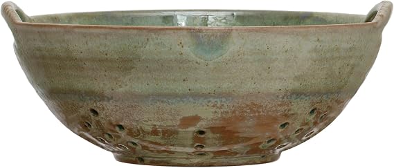 Creative Co-Op Stoneware Berry Bowl with Handles, Aqua Reactive Glaze