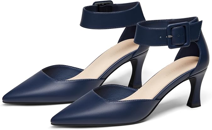 Coutgo Womens Kitten Low Heels Closed Pointed Toe Ankle Buckle Strap Pumps Suede Dress Wedding Shoes