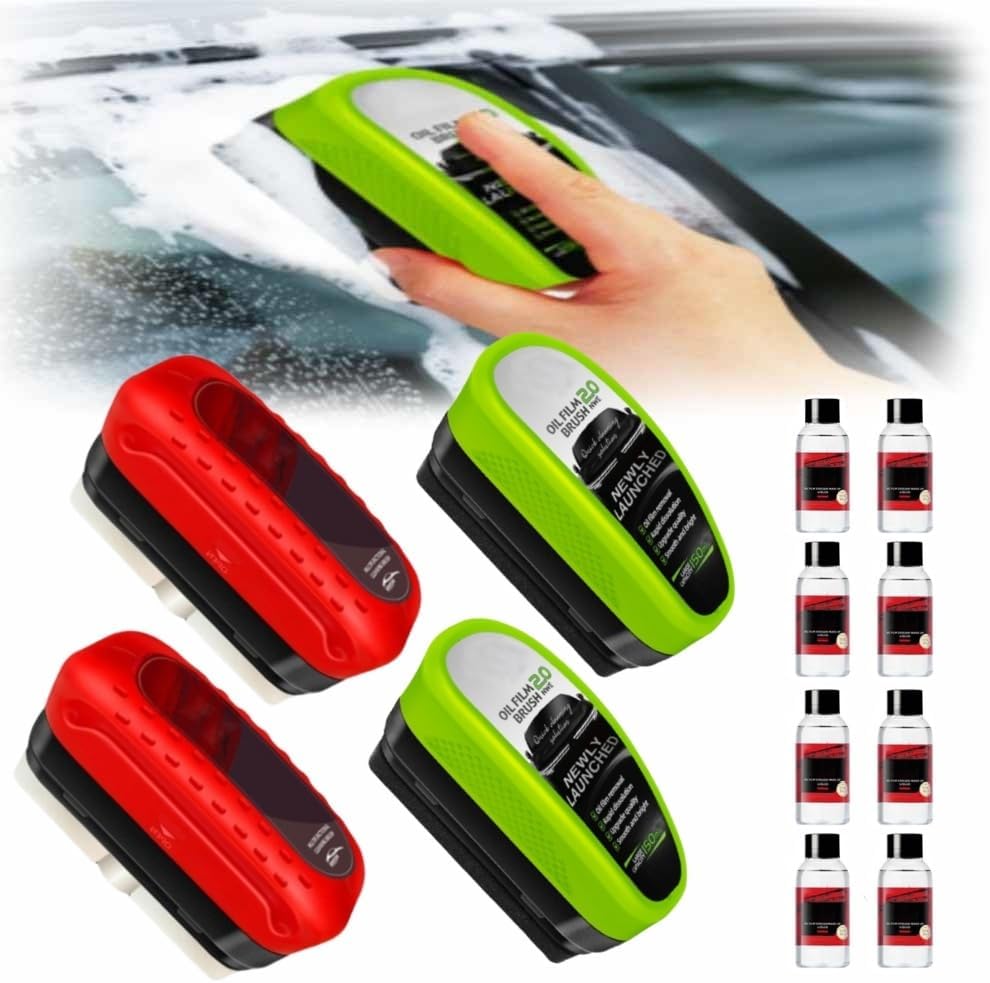 Automotive Oil Film Cleaning Brush 2.0 with 2 Extra Cleaner, 2024 Upgraded Glass Oil Film Remover Brush for Car, Car Glass Oil Film Cleaner for Windshield, Oil Film Cleaning Brush 2, GreenRed