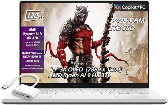ASUS - ROG Zephyrus G14 14" Gaming Laptop - AMD Ryzen AI 9 HX 370 - NVIDIA GeForce RTX 5070 Ti -32G RAM 2TB SSD - Wi-Fi7 Bluetooth BacklitKB Win11 - Platinum White - w/USB Hub - W/GaLiMu