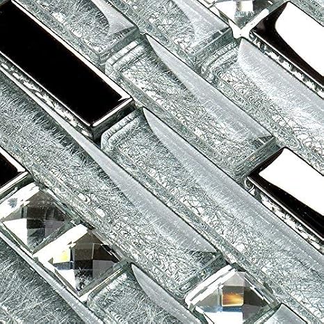 Hominter Silver Metallic Glass Mosaic Linear Wall Tile, 6 Sq Ft