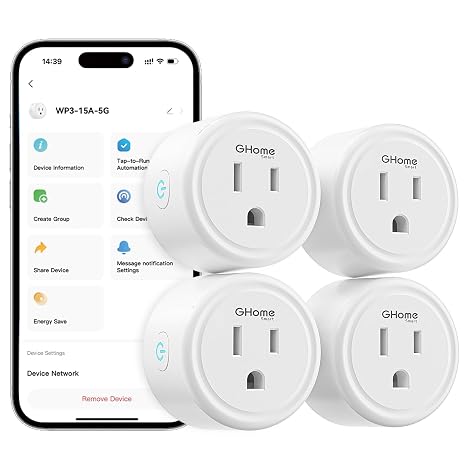 GHome Smart Plug 15A 5G Hz and 2.4GHz Wi-Fi, Compatible with Alexa & Google Home & IFTTT, No Hub Required, UL/ETL/FCC Certified,Remote Control, Timer,White [4 Pack]