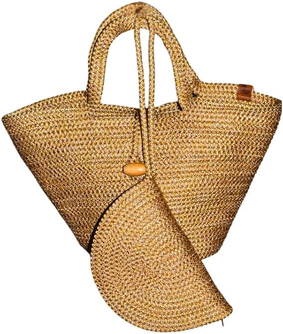 Moderin Style Jute Decorative Natural Wooden Button Bag Set for Women - 2-Piece Washable Bohemian Zipper Wallet and Cosmetic Bag Daily Fashion Combination Complement Accessory