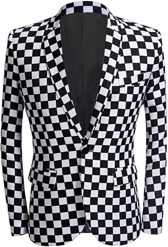 Men's Black and White Checkerboard Grid Blazer Simple One Button for Christmas Cosplay Coat
