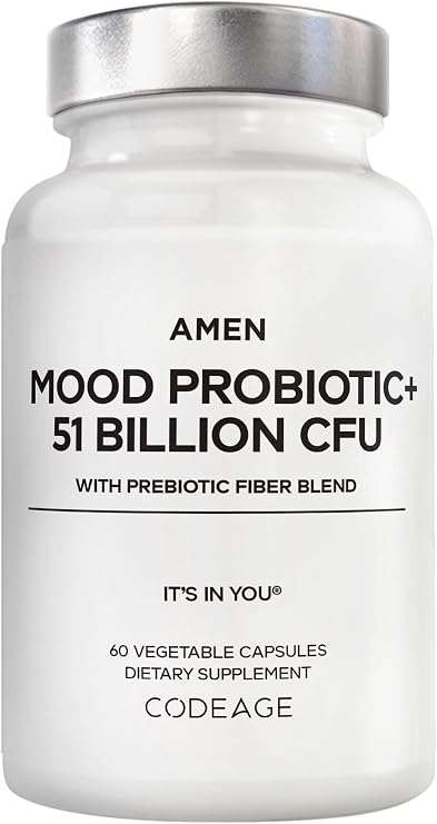 Codeage Mood Probiotic, 51B CFU, Ashwagandha, Prebiotic, 60 Capsules | 15-strain probiotic 51 billion CFU with organic prebiotics, ashwagandha and wild Alaskan blueberries. Vegan, non-GMO.