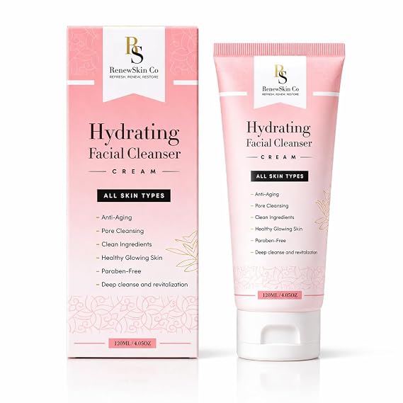 RenewSkin Co. Gentle Hydrating Facial Cleanser Cream with Aloe Vera & Hyaluronic Acid, Daily Face Wash and Makeup Remover for All Skin Types, Paraben-Free, 120 ml