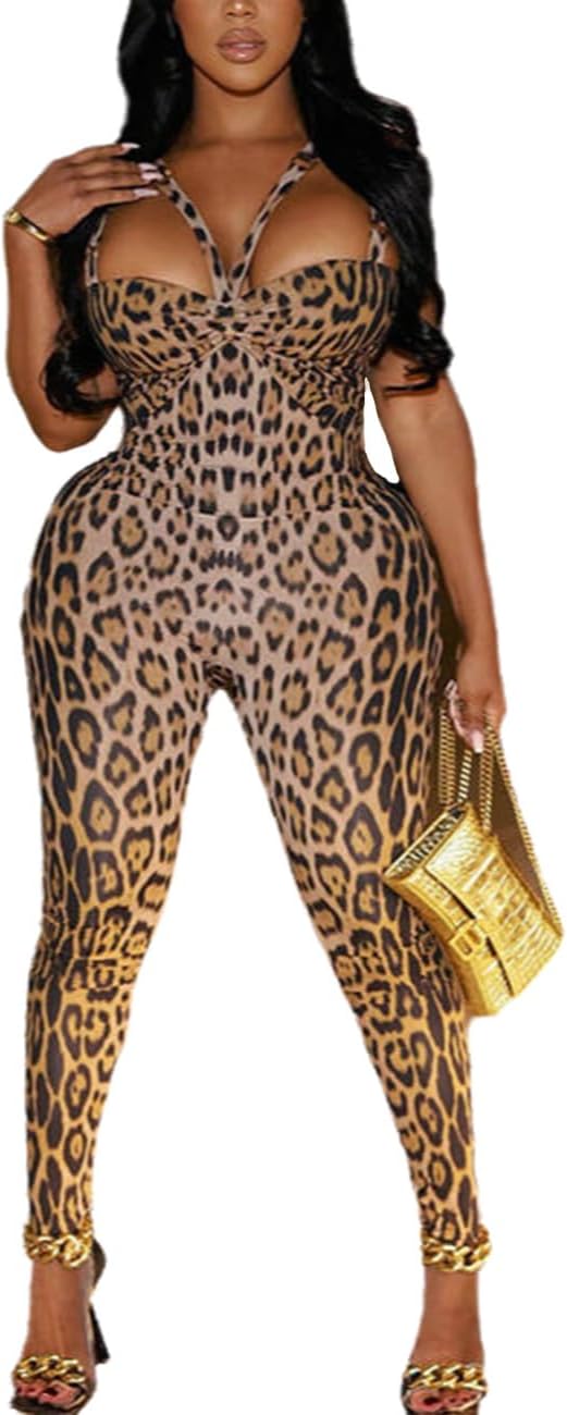 VOIKERDR Womens Jumpsuit Sexy Cheetah Print Jumpsuit for Women Halter Romper Sleeveless Club Outfits