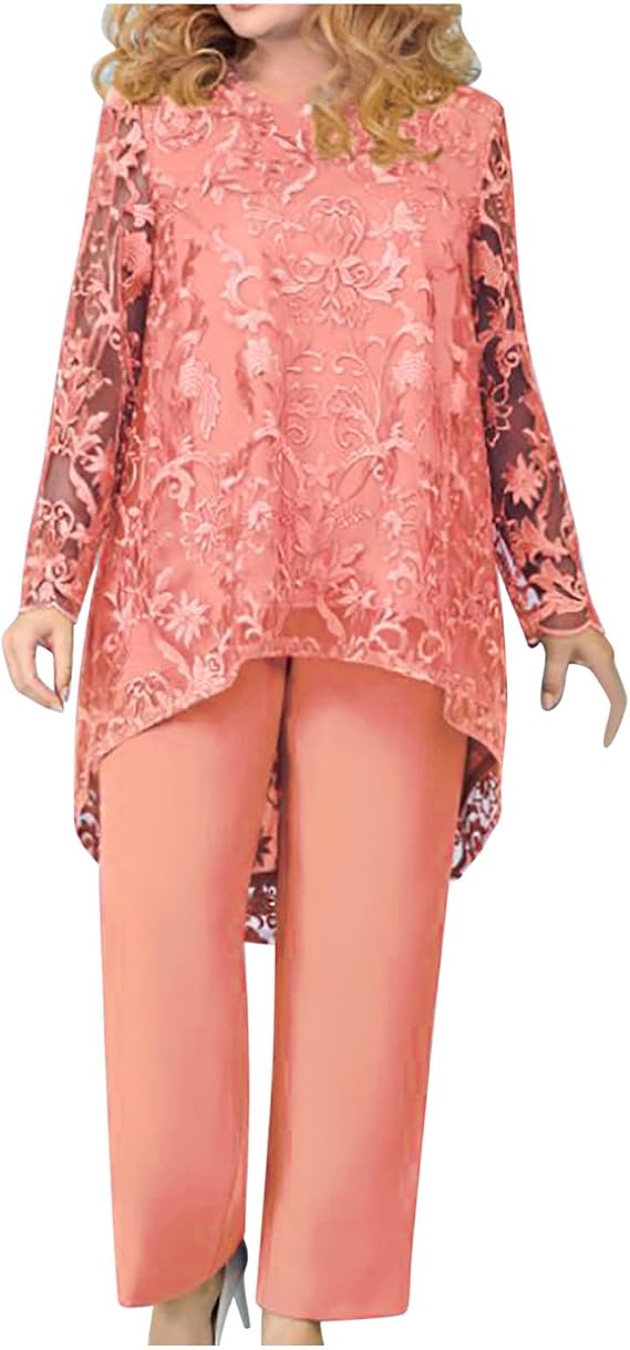 HGps8w 2 Piece Outfits for Women Pants Suits Wedding Guest Mother of The Bride Dressy Floral Lace Evening Formal Set