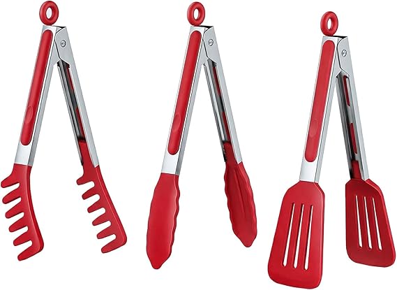 HST 3 Pack Kitchen Tongs, Non Stick Stainless Steel 9 Inch Tongs With Silicone Tip for Cooking BBQ Baking(Red)