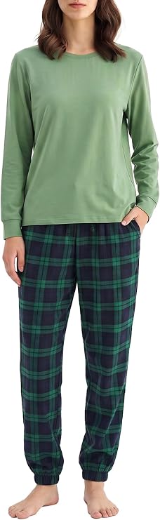 Latuza Women's Petite Pajama Set Crew Neck Knit Top Flannel Jogger Pants