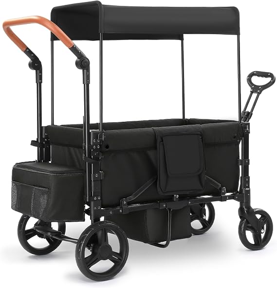 Stroller Wagon for 2 Kids, Foldable All Terrain Wagon for Kids, with Removable Canopy, Adjustable Push and Pull Handle, 5 Point Harnesses, Large Storage Bag (Black)
