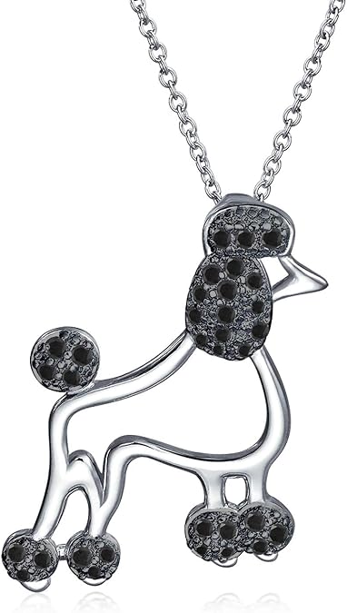 Bling Jewelry Animal Lover Best Friend Pink Black CZ Accent Pave Poodle Dachshund Puppy Dog Pendant Necklace Women Teen .925 Sterling Silver