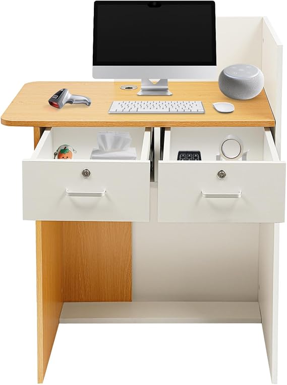 39.37 inch Reception Desk, Modern Front Desk Reception Room Table with Lockable Drawers & Light Strip, 440lbs Large Counter Table for Checkout, Lobby, Beauty Salon, Home Office Desk