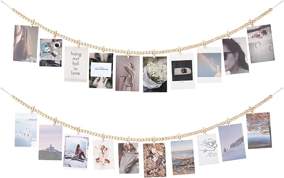 Mkono Hanging Photo Display with Clips, Boho Wooden Bead Garland Banner, Collage Card Picture Kids Art Holder String with 10 Clips for Christmas Bedroom Dorm Decor, Teen Girl Gifts, Brown, 2 Pack