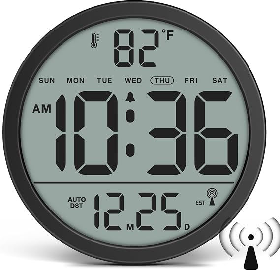 WallarGe Digital Atomic Wall Clock Battery Operated, 8 Inch Large Display