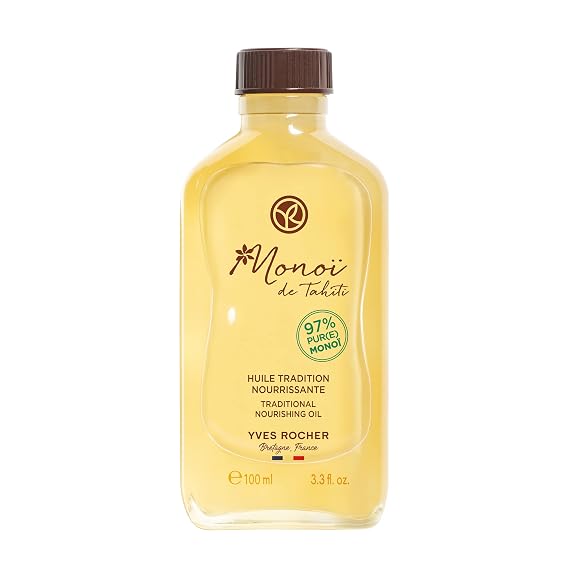 Yves Rocher Monoi de Tahiti Traditional Nourishing Body & Hair Oil 97% Pure Tahitian Monoi with Tiare Flower, Deep Moisturizing Oil for Silky Skin & Soft Hair, 3.3 fl oz