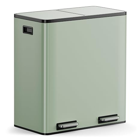 VonHaus Kitchen Bin, 60L Double Recycling Bin for Kitchen, Sage Green Two Section Food Waste Separation System with Non-Slip Base & Removable Inner-Compartments, Large Airtight Trash Can, 2 x 30L