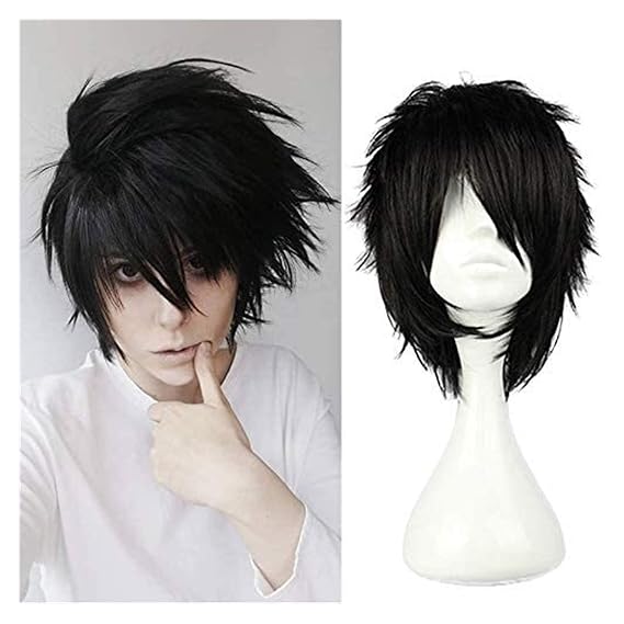 Anime Death Note L Cos Wig Mens L.Lawliet Short Black Heat Resistant Hair Pelucas Cosplay Costume Wigs + Wig Cap Seupeak, one size