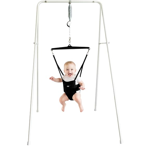 Jolly Jumper Classic with Stand - Black | ORIGINAL Baby Jumper, Indoor and Outdoor Exercise Saddle Seat, Adjustable Height, for Infants up to 28lbs