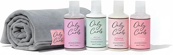 Only Curls Starter Pack & Microfibre Towel, Curl Defining Mini Set, Nourishing Shampoo, Detangling Conditioner, Curl Creme, Enhancing Gel & Curly Hair Wrap, Frizz-Free Travel Pack, 100ml x4