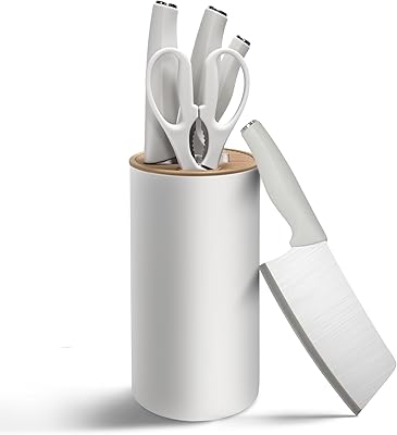White Kitchen Knife Set with Block, 5-Piece Stainless Steel Knives Set, Chef Knife, Paring Knife, Kitchen Scissors, Plastic Universal Knife Holder for Home, Apartment, New Kitchen Essentials
