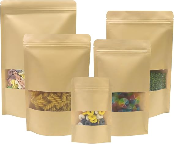 SumDirect 50pcs 12x20cm Kraft Stand Up Food Bags, Zipper Reusable Packing Pouches with Transparent Window and Tear Notch Thicken Heat Sealable, or Storing, Cookie, Snack Tea and Drinking
