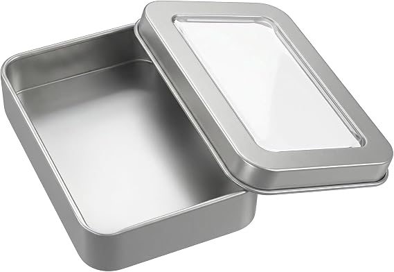Rectangular Hinged Metal Tin, Mini Portable Storage Box with Clear Lid