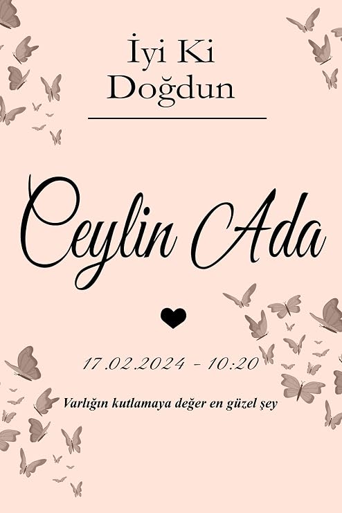 kocstudyo Kelebek Doğum Günü Posteri, 100x100 cm, Bebek ve Çocuk Odası Duvar Sanatı