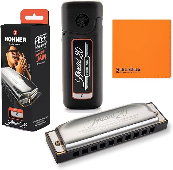 Hohner Special 20 Harmonica, 10 Holes Major C Bundle with Hard Case & Juliet Music Polishing Cloth (C Bundle)