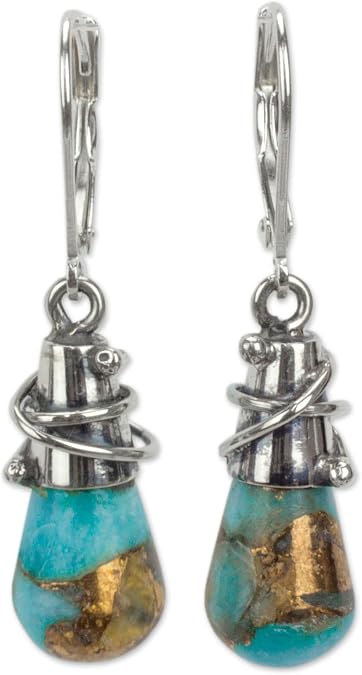 NOVICA Artisan Handmade Amazonite Dangle Earrings .925 Sterling Silver Composite from Mexico Turquoise Blue Green Taxco 'Golden Sea Currents'