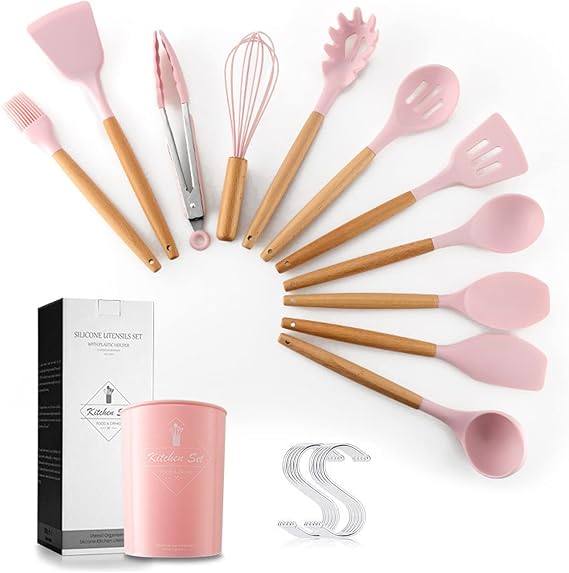 Kitchen Tools Cookware Set, 11-Piece Set, Kitchen Utensils, Silicone, Spatula, Ladle, Spoon, Whisk, Tongs, Spatula, Pasta Server, Brush, S Shaped Hook, Heat Resistant, Cold Resistant Pink