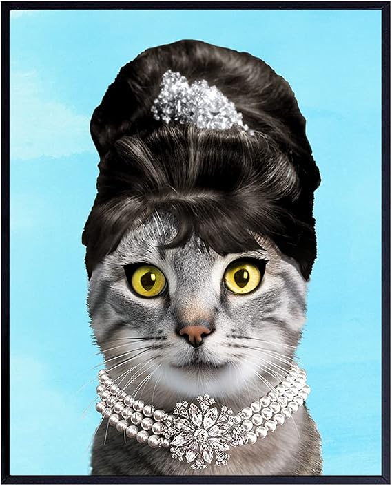 Audrey Hepburn Wall Art - Cat Lover Gifts for Women, Girls - Cat Wall Art - Cute Kitty Decor - Pet Poster 8x10 - Classic Movies - Kitty Decorations - Kitten Home Decor - Blue - Unframed