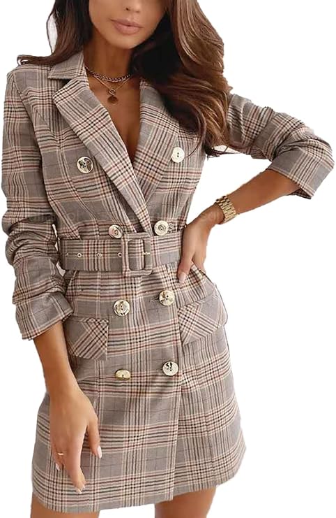 Women Plaid Blazer Dress Elegant Long Sleeve Lapel Double Breasted Suit Dresses