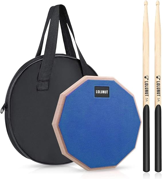 Dumb Drum Practice Pad 2 Sided Silent Practice Pad Soft Rubber Wooden Base Stand with Solid Wood Drumsticks 8 Inch Blue