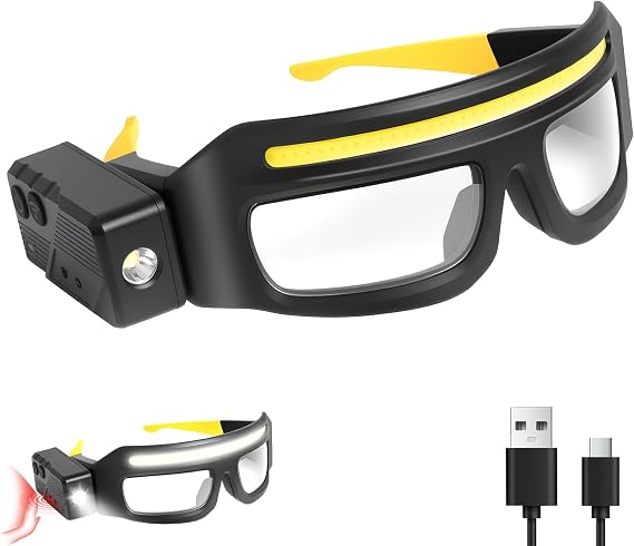 LED Rechargeable Headlight Glasses with Motion Sensor & Touch Control 5 Modes USB C Light Up Glasses Lighted Eyewear